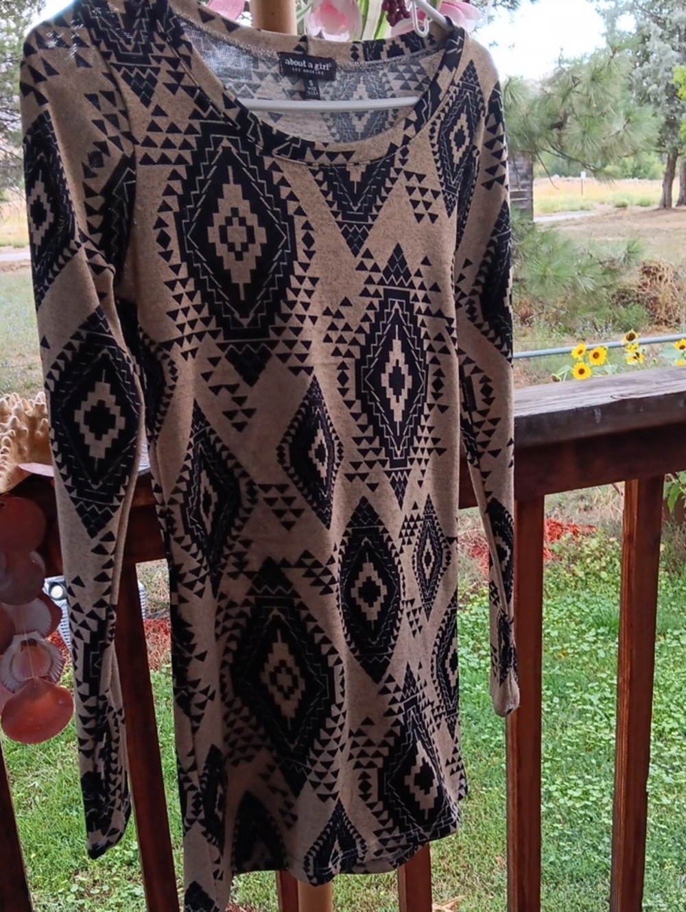 About A Girl Black and Tan Tribal-Print Long Sleeve Dress Great With Leggings.